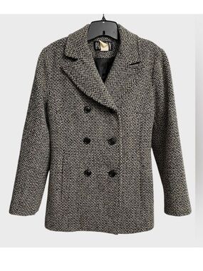 Vintage Paul Levy Herringbone Pea Coat Women's Size M Wool Grey Jacket Old Money